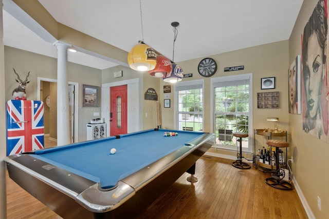 playroom featuring ornate columns, wood-type flooring, and billiards