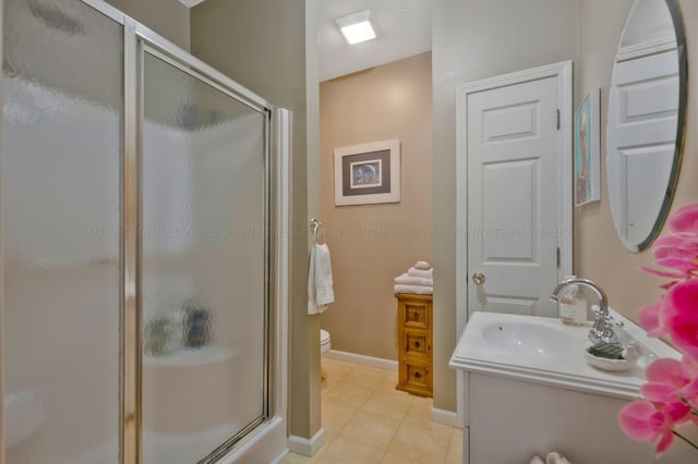 bathroom featuring tile patterned floors, a textured ceiling, an enclosed shower, toilet, and vanity