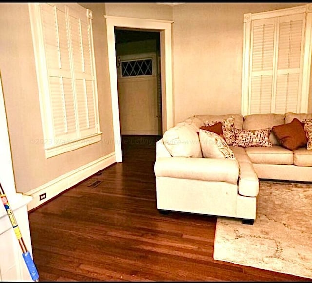 living room with dark wood-type flooring