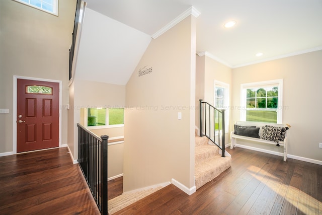 foyer with a wealth of natural light, dark hardwood / wood-style flooring, crown molding, and lofted ceiling