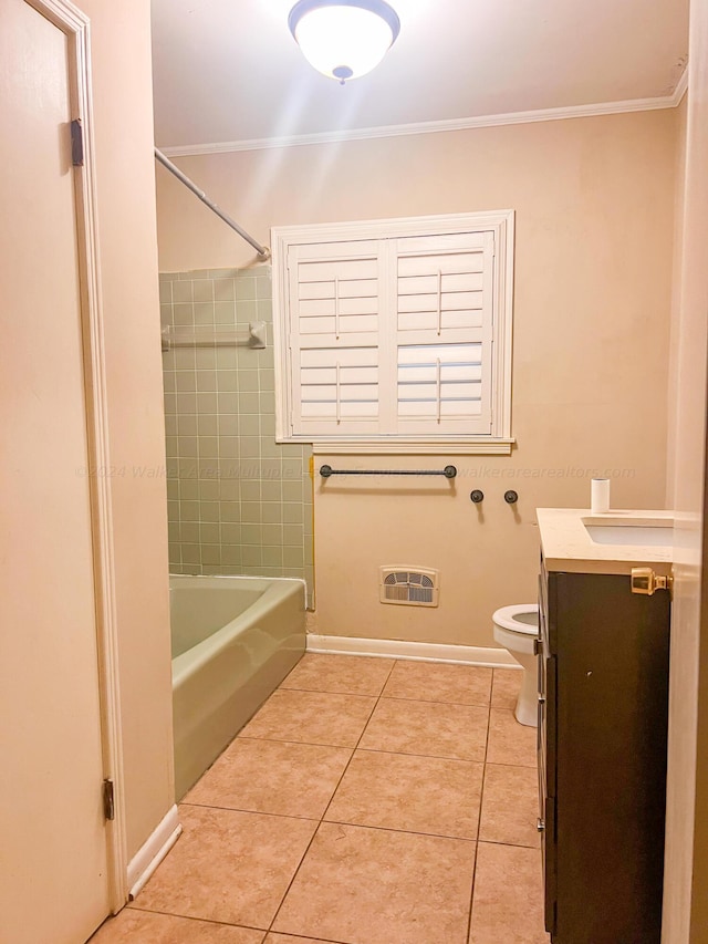 full bathroom with tile patterned flooring, vanity, toilet, and crown molding