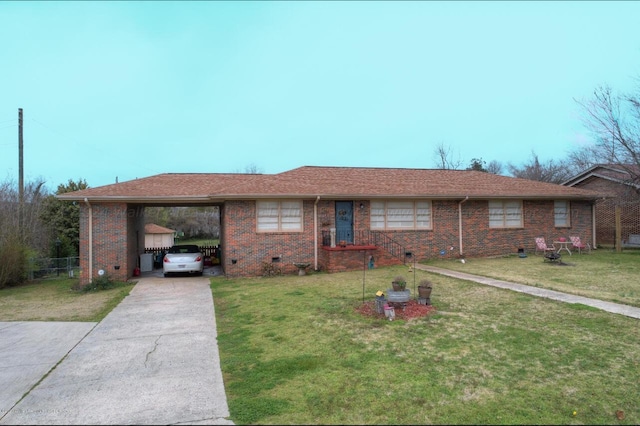 ranch-style home with a carport and a front lawn