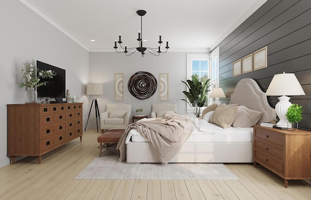 bedroom featuring a notable chandelier, wood walls, ornamental molding, and light hardwood / wood-style flooring