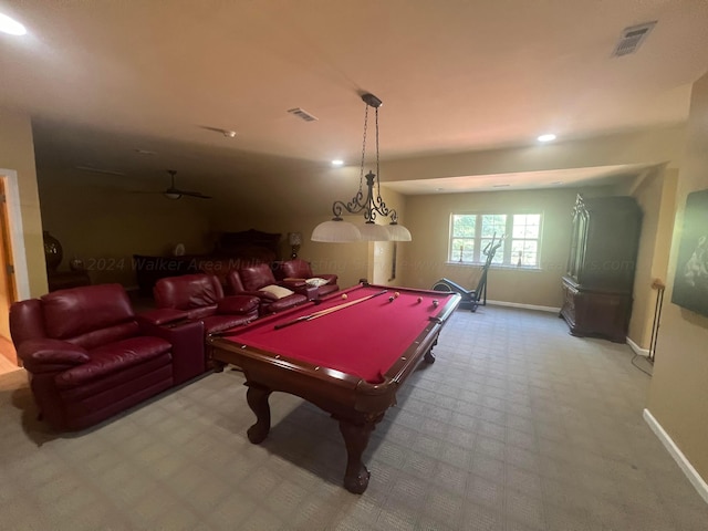 recreation room with carpet flooring, ceiling fan, and billiards