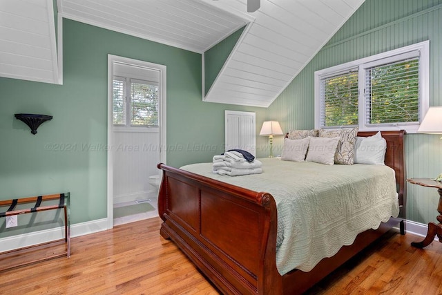 bedroom with wood ceiling, multiple windows, wood-type flooring, and lofted ceiling