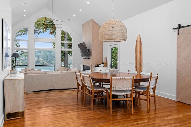 dining room featuring plenty of natural light, a barn door, and wood-type flooring