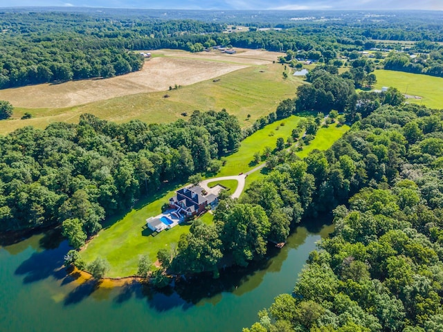 aerial view featuring a rural view and a water view