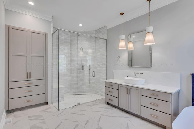 bathroom featuring vanity, an enclosed shower, and crown molding