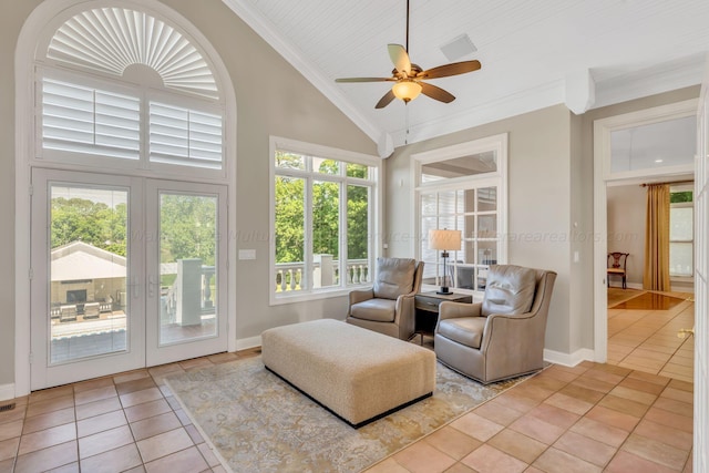 sitting room featuring high vaulted ceiling, ceiling fan, crown molding, and light tile patterned flooring