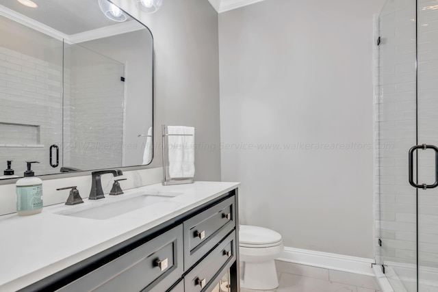 bathroom with tile patterned floors, toilet, a shower with door, vanity, and ornamental molding