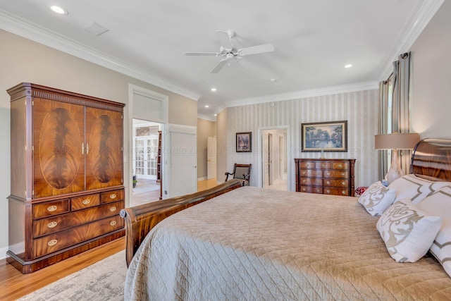 bedroom with ceiling fan, light wood-type flooring, and ornamental molding