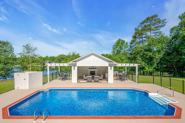 view of pool with a pergola, a patio area, ceiling fan, and a water view