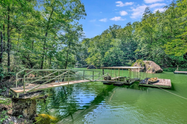 view of dock featuring a water view and a view of trees