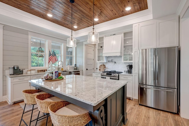 kitchen with stainless steel appliances, premium range hood, wood ceiling, white cabinetry, and a tray ceiling