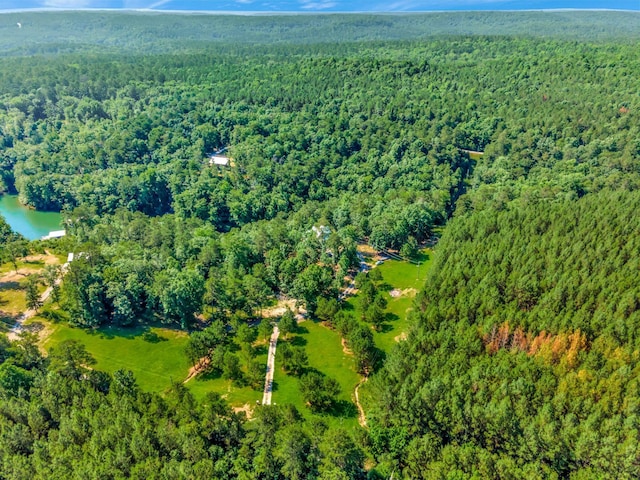 bird's eye view with a wooded view