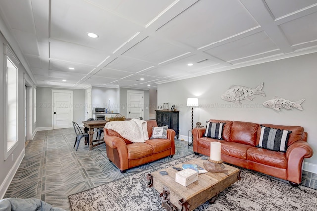 living room with baseboards and coffered ceiling