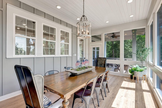 sunroom with a chandelier, wooden ceiling, and a healthy amount of sunlight