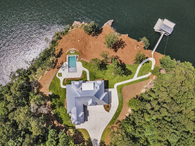 drone / aerial view with a water view