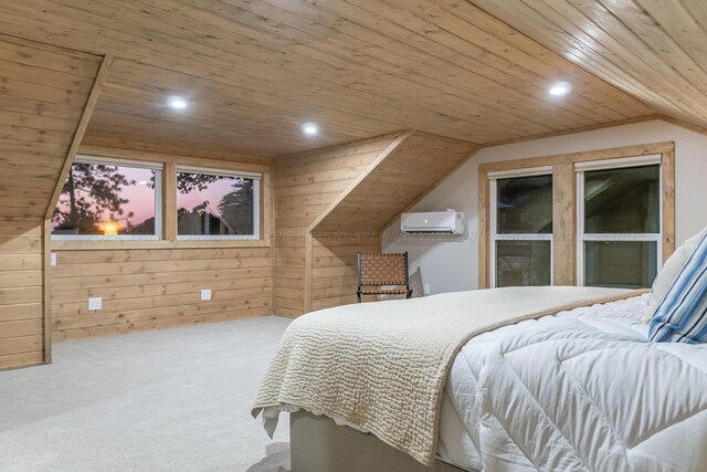 bedroom featuring carpet, lofted ceiling, wood ceiling, wood walls, and a wall mounted AC