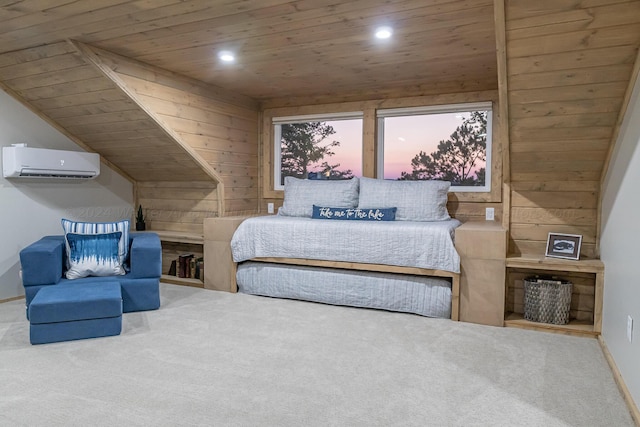 bedroom featuring wooden ceiling, carpet, wooden walls, and a wall mounted air conditioner