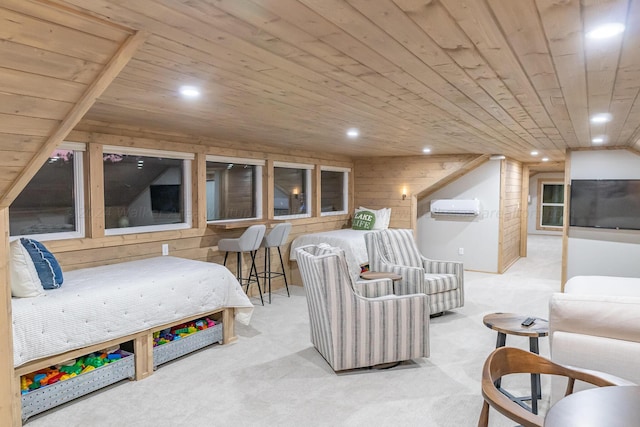 carpeted bedroom featuring wooden ceiling, an AC wall unit, and wood walls