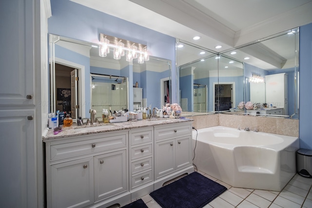 bathroom featuring tile patterned flooring, shower with separate bathtub, vanity, and crown molding