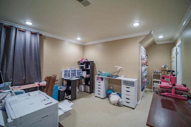 office with light carpet and ornamental molding