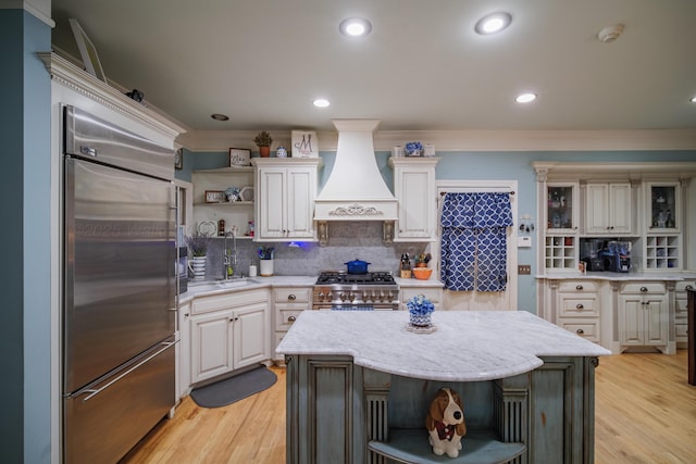 kitchen with sink, decorative backsplash, premium appliances, a kitchen island, and custom range hood