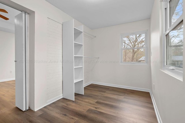 spacious closet with dark wood-style flooring