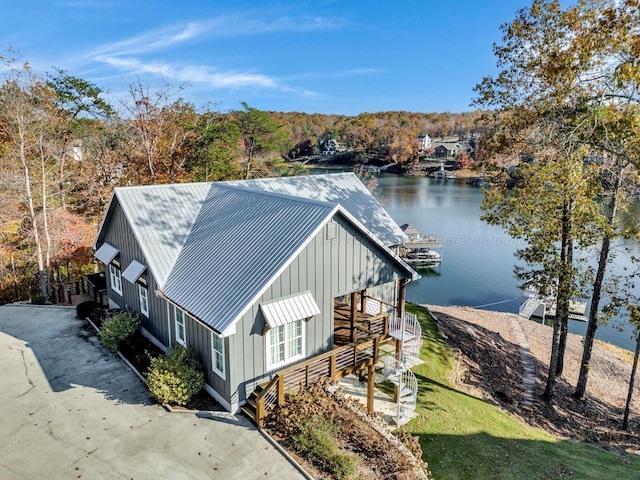 exterior space featuring a water view