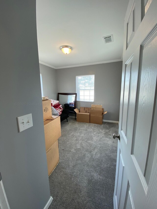 bedroom featuring crown molding and dark hardwood / wood-style flooring