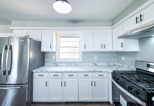 kitchen featuring stainless steel appliances, light stone counters, white cabinetry, and under cabinet range hood