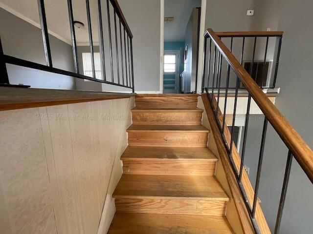 staircase with hardwood / wood-style floors