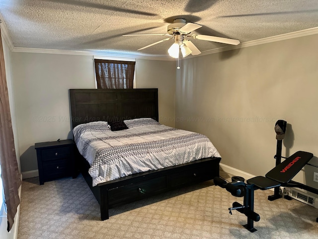 carpeted bedroom featuring ornamental molding, a textured ceiling, baseboards, and a ceiling fan