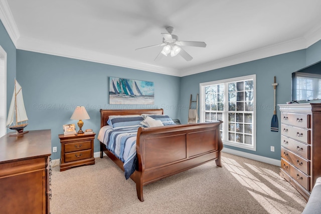 bedroom featuring ceiling fan, light colored carpet, ornamental molding, and multiple windows