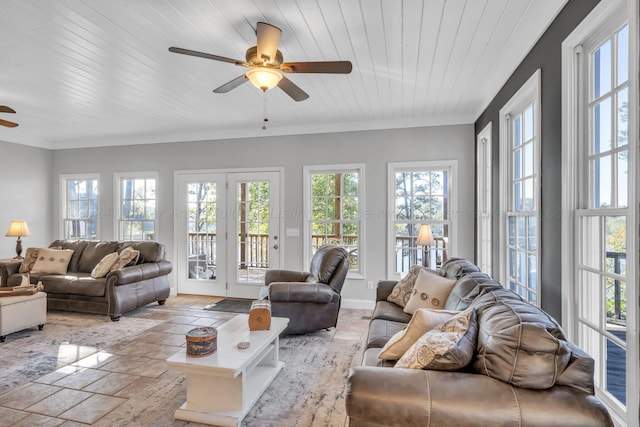 sunroom / solarium with ceiling fan and wood ceiling