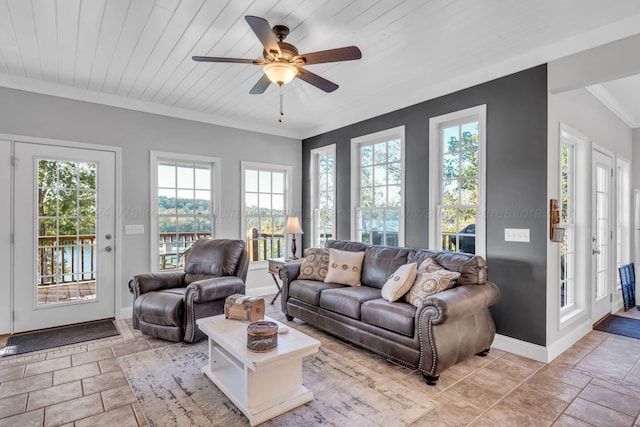 living room featuring ceiling fan, wooden ceiling, ornamental molding, and a wealth of natural light