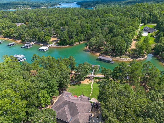 drone / aerial view with a wooded view and a water view