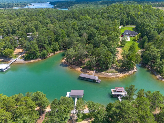 aerial view with a forest view and a water view