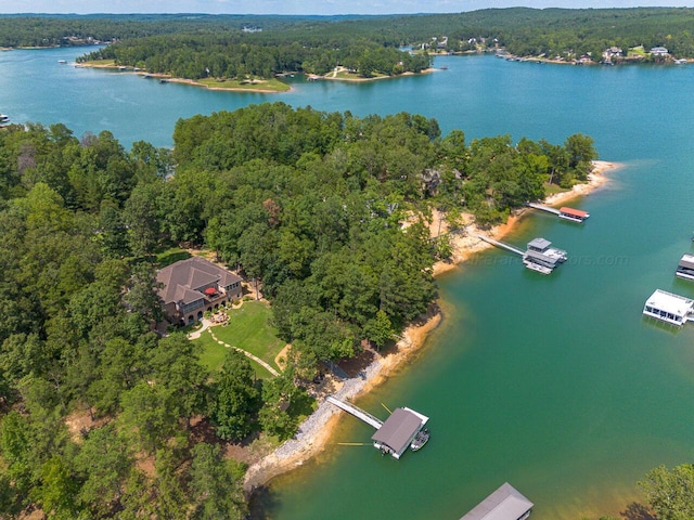 aerial view featuring a view of trees and a water view