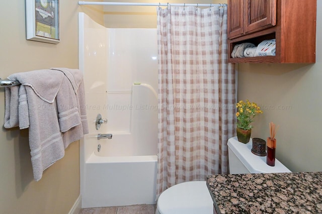 bathroom featuring toilet and shower / bathtub combination with curtain