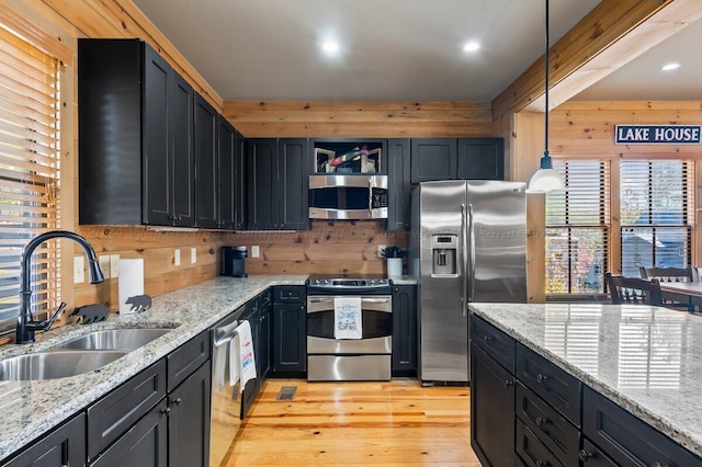 kitchen with sink, hanging light fixtures, plenty of natural light, light hardwood / wood-style floors, and stainless steel appliances