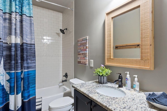 full bathroom featuring shower / bath combination with curtain, vanity, and toilet