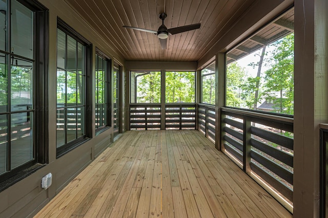 unfurnished sunroom featuring ceiling fan and wooden ceiling