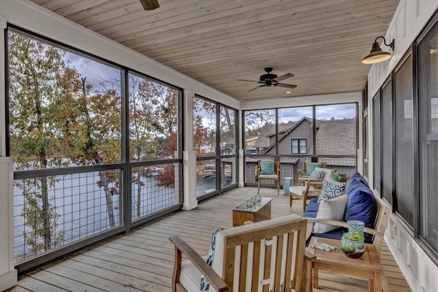 sunroom / solarium with ceiling fan and wooden ceiling