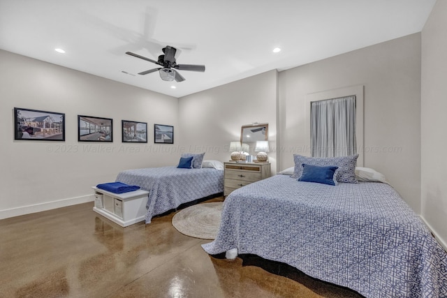 bedroom featuring ceiling fan and concrete flooring