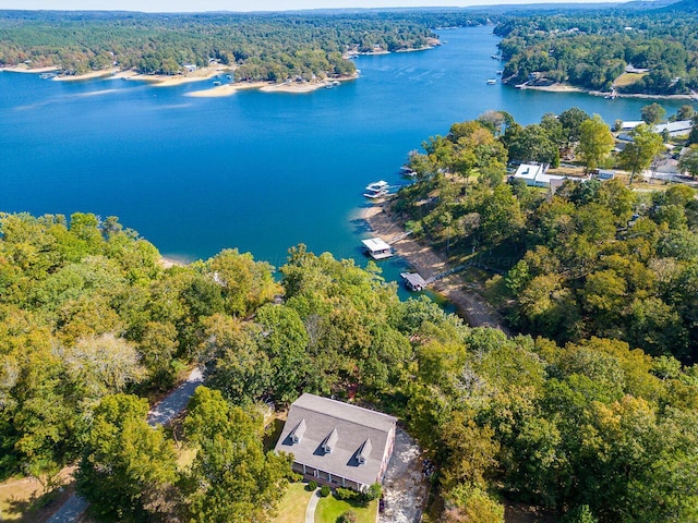 birds eye view of property with a water view and a wooded view