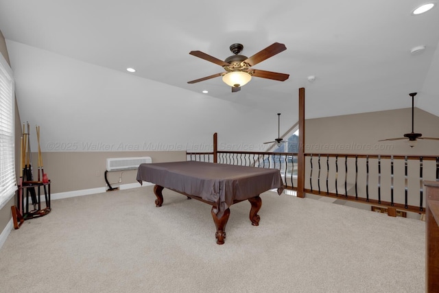 recreation room with ceiling fan, plenty of natural light, pool table, and vaulted ceiling