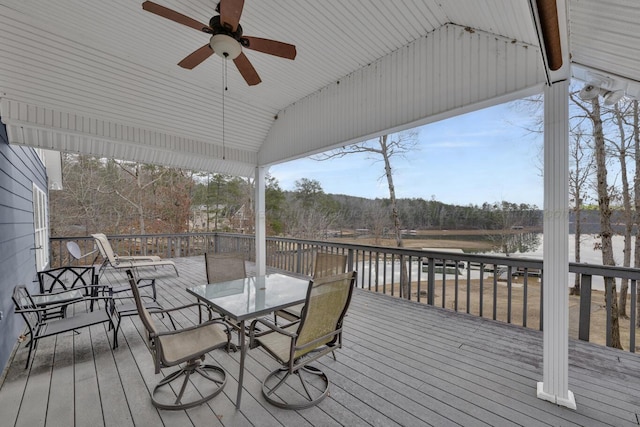 deck featuring ceiling fan and a water view