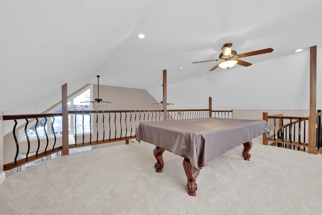 game room with ceiling fan, lofted ceiling, pool table, and carpet floors